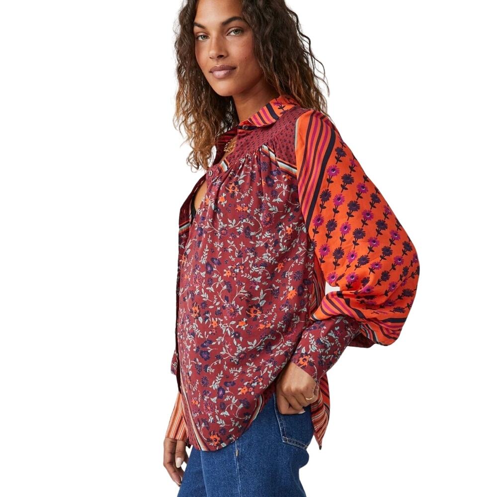 Free People / Hazel Button Down / Boho Patchwork Top Shacket - Picture 3 of 3